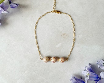 Flower Memorial Gold Triple Bead Bracelet:Flower Petals from Wedding, Funeral, Baptism, Shower, Anniversary, Birth, Special Occasion