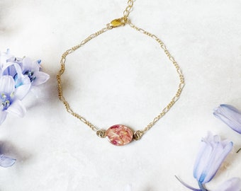 Flower Memorial Gold Oval Link Bracelet:Flower Petals from Wedding, Funeral, Baptism, Shower, Anniversary, Birth, Special Occasion