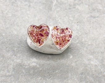 Flower Memorial Heart Post Earrings: Flower Petals from Wedding, Funeral, Baptism, Shower, Anniversary, Birth, Special Occasion