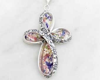 Flower Memorial Flower Cross Pendant : Flower Petals from Wedding, Funeral, Baptism, Shower, Anniversary, Birth, Special Occasion