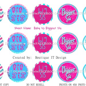 以下が含まれることがあります： 異なるフォントスタイルで「Baby Sis」、「Big Sis」、「Bigger Sis」、「Biggest Sis」と書かれた、ピンクとブルーのグリッターでできた丸いステッカー9枚。ステッカーは、妹の誕生日パーティー用にデザインされています。