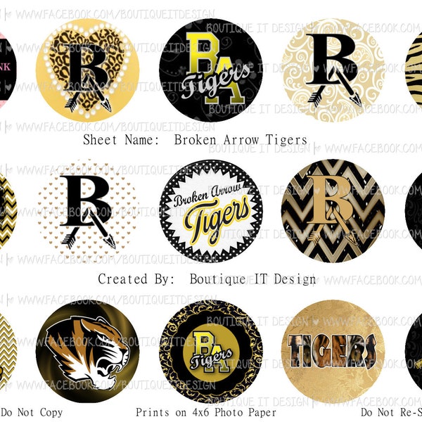 Broken Arrow Tigers-25mm/1in Bottle Cap Image - 4x6 Sheet