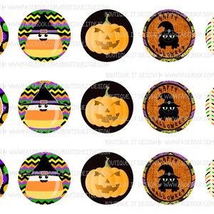 Puede incluir: Doce adornos redondos para cupcakes con temática de Halloween. Los adornos presentan una variedad de diseños, que incluyen calabazas, gatos, maíz dulce y un sombrero de bruja. Los colores son negro, naranja, verde, morado y amarillo.