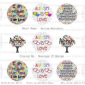 Autism Awareness ~ 25mm/1in Bottle Cap Image - 4x6 Sheet