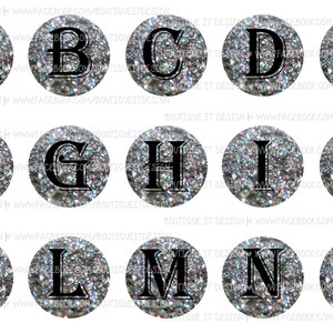 Alphabet ~ Silver Glitter Set with Black Letters ~ 25mm/1in Bottle Cap Image - 4x6 Sheet