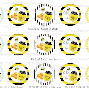 Puede incluir: Un conjunto de 12 etiquetas de favor de fiesta imprimibles de 10,16 x 15,24 cm con temática de abeja y miel. Las etiquetas presentan un tarro de miel, un panal y una abeja. El texto en las etiquetas dice "Cute as Honey".