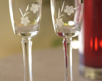 Vintage || Toscany || Made in Romania || Floral Etched || Crystal || Hand Cut || Hand Blown || Cordial || Glasses || Set of (2)