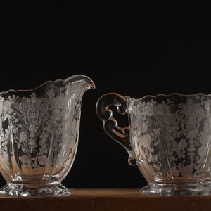 Vintage || Cambridge || Footed || Sugar || Creamer || Rose Point || Clear || Etched || Glass || Set