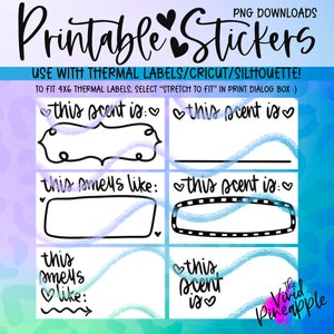 Puede incluir: Pegatinas imprimibles para etiquetas térmicas, Cricut o Silhouette. Las pegatinas presentan un fondo de estampado de leopardo azul y morado con texto blanco que dice "this scent is" y "this smells like".