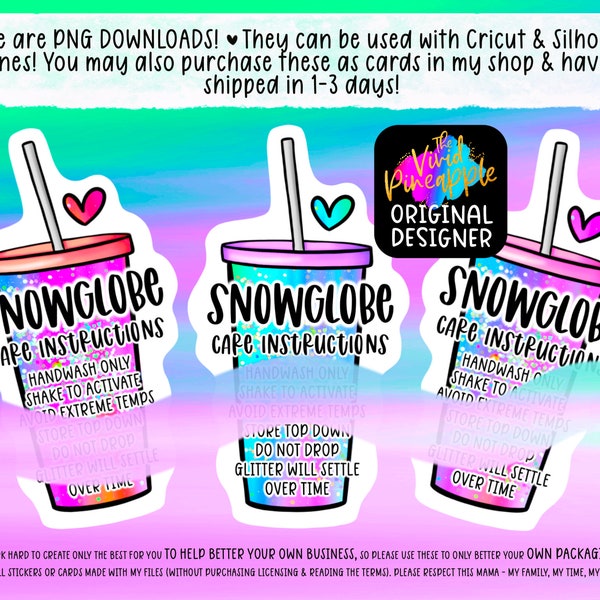 3 PNG Downloads - Snowglobe Tumbler Care Instructions - Tumbler Business Sticker/Card - Small Business Supplies