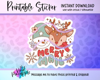 PNG Sticker Download - Merry Mail Christmas Sticker- Retro Hippie Christmas Business Sticker - Reindeer Snowman Christmas Lights Snowflakes