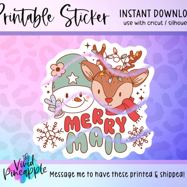 PNG Sticker Download - Merry Mail Christmas Sticker- Retro Hippie Christmas Business Sticker - Reindeer Snowman Christmas Lights Snowflakes