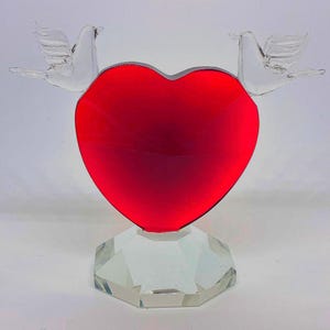 Crystal Ruby Red Heart With Two Doves Paperweight