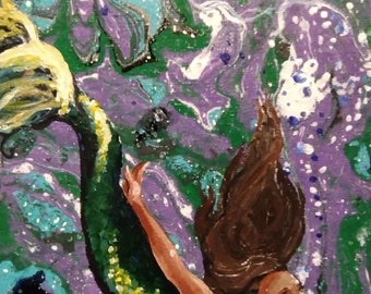 Pintura original de una sirena sobre lienzo color aguamarina (35,5 x 28 cm)