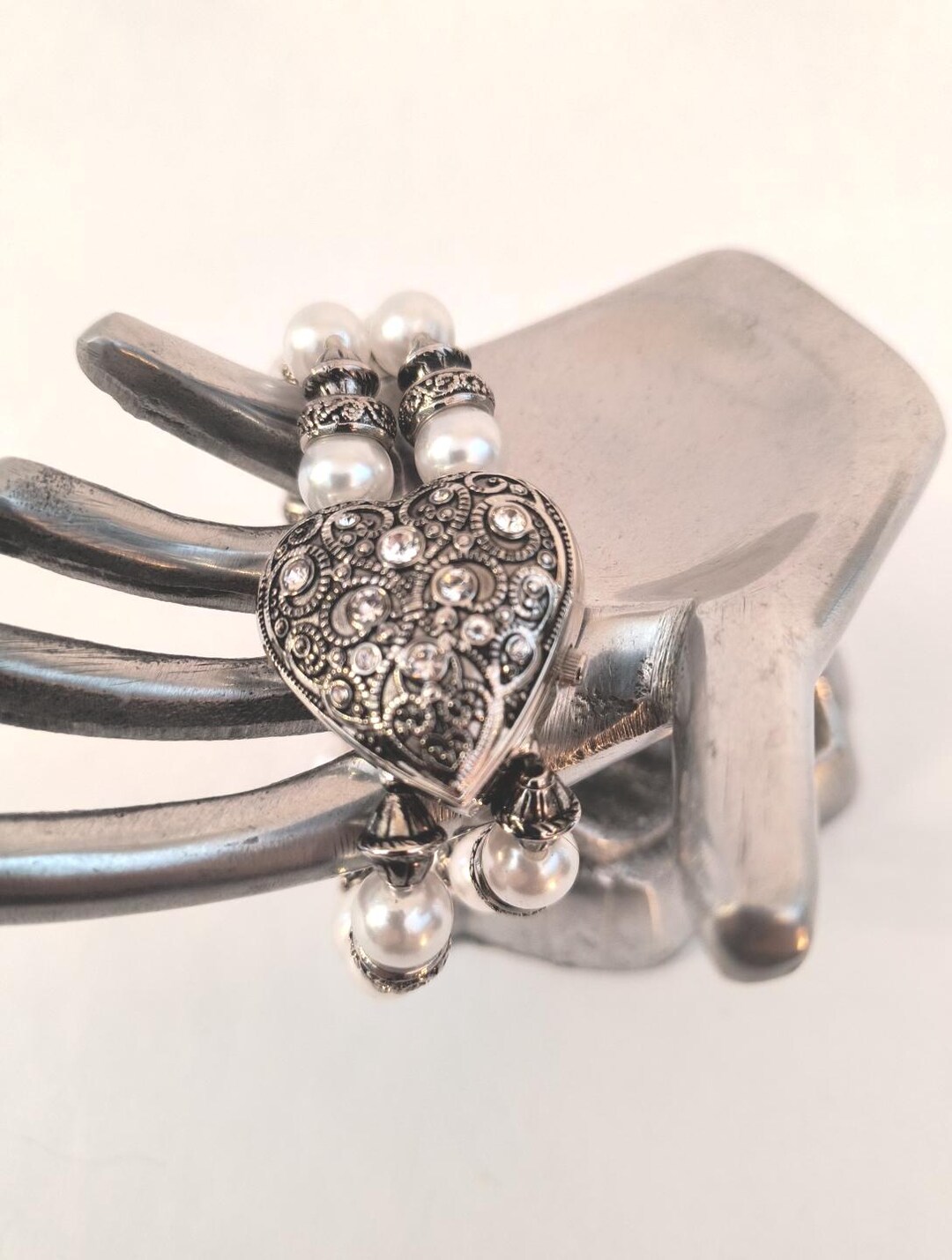 Vintage Colleen Lopez Heart Watch: Pearl & Silver Beaded 