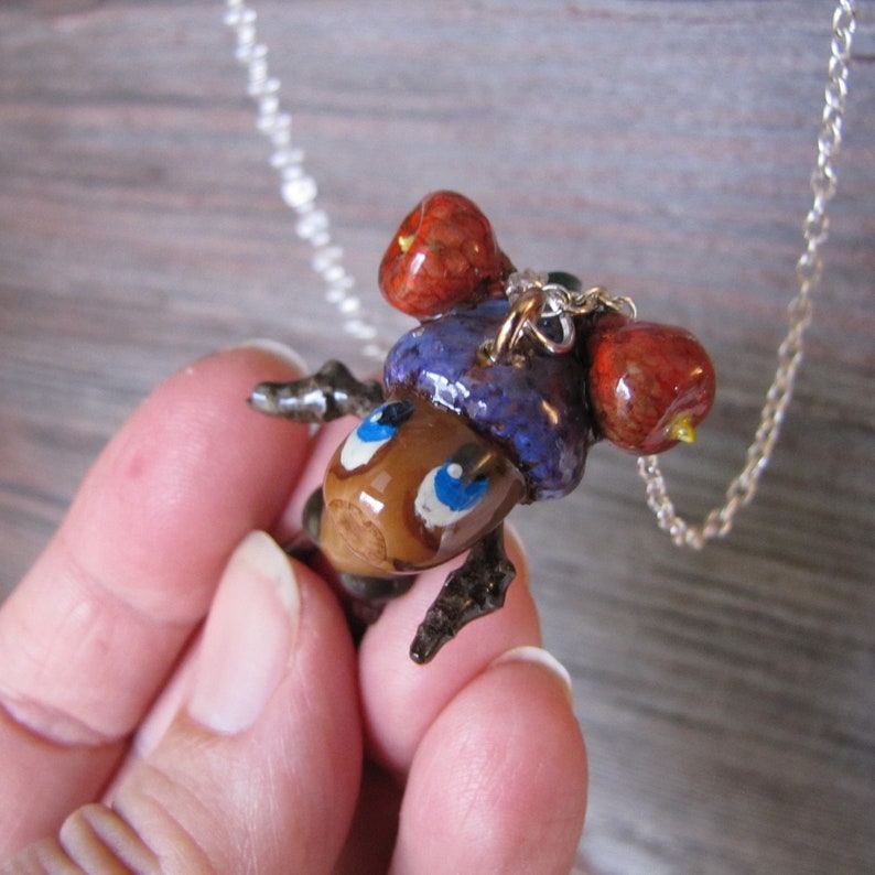 Fun Acorn Girl With Two Bobbles On Her Hat Necklace Is Created With Real Acorns And Twigs For Unique Gift Giving Only At JonnyBsArt