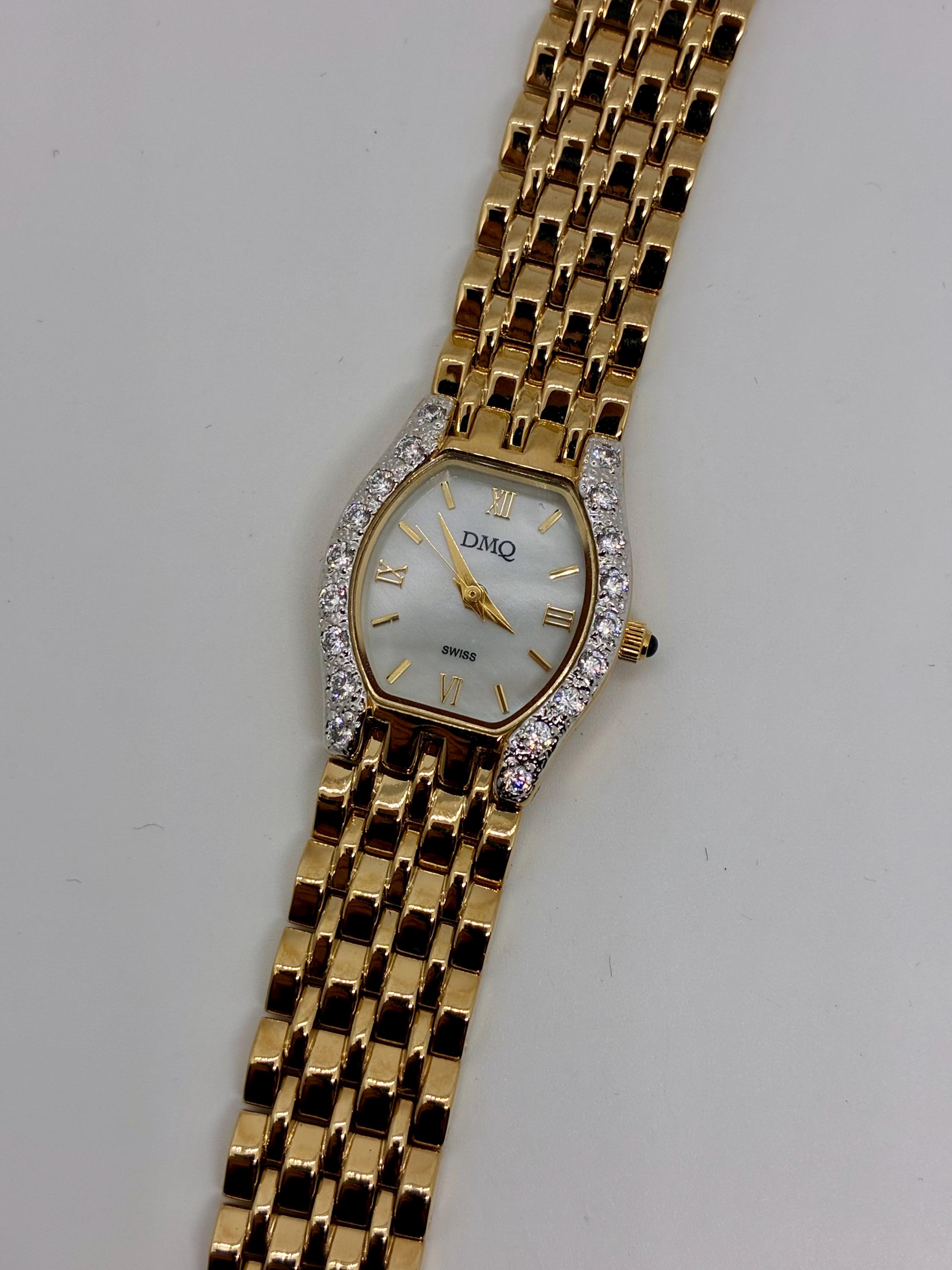 Vintage DMQ Swiss Watch: Mother of Pearl, Crystal Bezel 