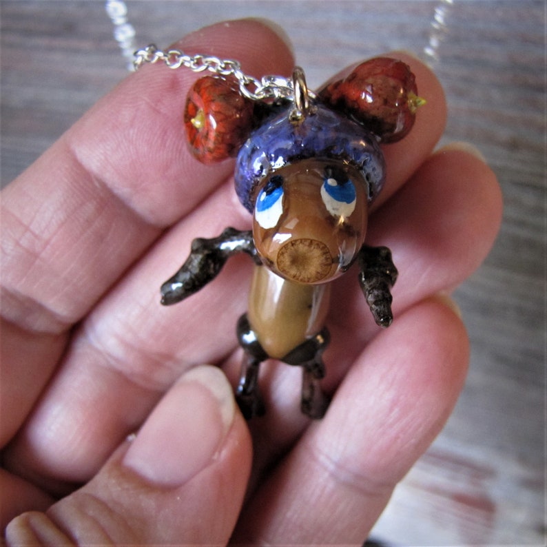Fun Acorn Girl With Two Bobbles On Her Hat Necklace Is Created With Real Acorns And Twigs For Unique Gift Giving Only At JonnyBsArt