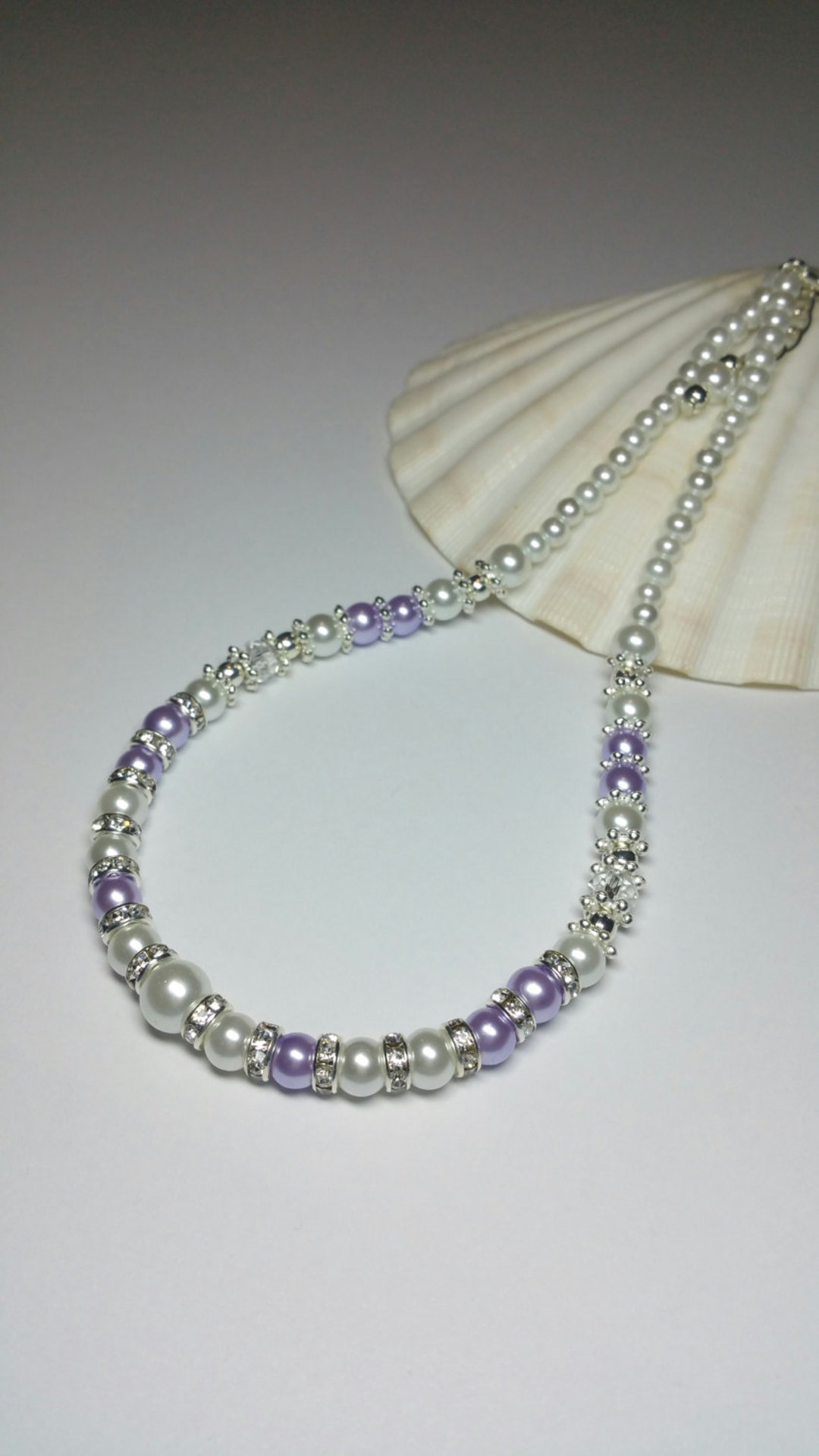 White and Mauve Flower Girl Necklace, Pearl Beaded Necklace, Rhinestone