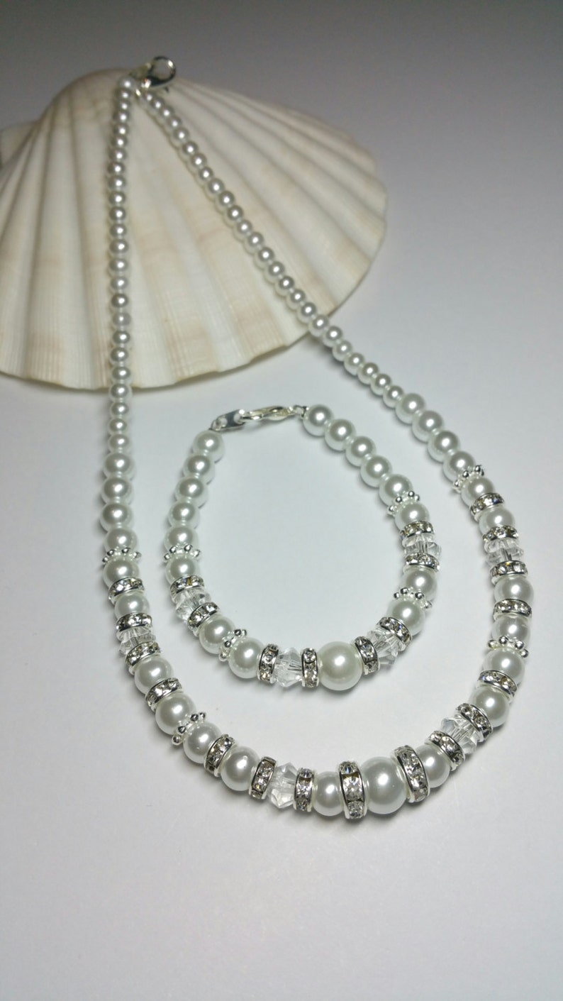 Little Girls Necklace Bracelet White Glass Pearl Set Rhinestone Wedding Jewellery Flower Girl Gift Daughter of the Bride Jewellery Set