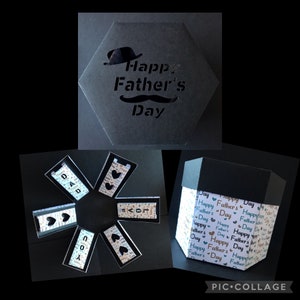 May include: A black hexagonal gift box with a hat and moustache cutout, and the words "Happy Father's Day." Inside, smaller boxes display "DAD," "LOVE," and "YOU." The outer box has a patterned design with "Happy Father's Day" text.