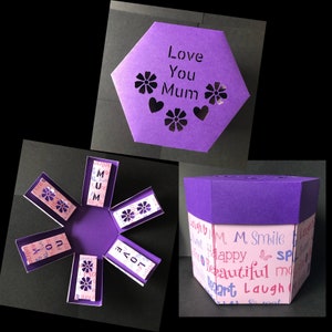 May include: A purple hexagonal gift box with the words "Love You Mum" cut out on the lid. The box opens to reveal compartments with floral cutouts and the word "Mum". The sides of the box are decorated with words like "Smile" and "Happy".