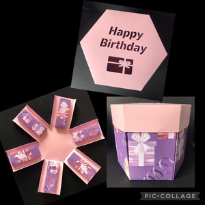 May include: A pink and purple birthday gift box with a hexagonal lid that reads "Happy Birthday". The box is decorated with gift-themed patterns and includes a pop-up design with small gift-shaped inserts.