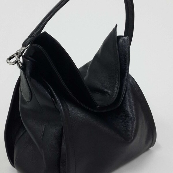 Black soft leather shoulder bag, Hobo bag