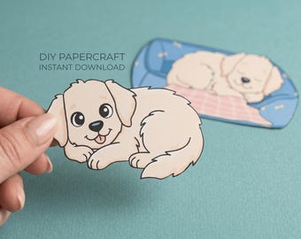 Dog Paper Craft – Dog Bed Printable, Bedtime Activity for Kids, Cut and Glue Craft, Fluffy Puppy Toy