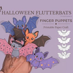 Marionette da dito a forma di pipistrello per Halloween, stampabili, ali mobili, lavoretto di carta per bambini, da colorare e a colori, attività fai da te per Halloween