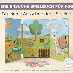 May include: A children's Easter egg hunt game with three illustrated panels. The panels depict a sunny day, a tree, and a rabbit carrying a basket. Colorful egg-shaped game pieces are at the bottom. Text at the top reads "Easter Egg Hunt Game for Children".