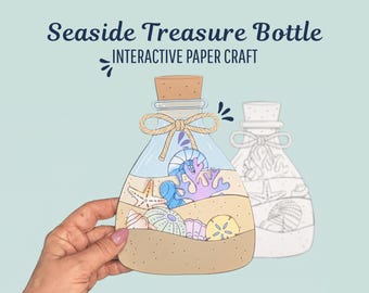 Printable Beach Craft for Kids, Ocean Treasure Bottle Paper Craft, Summer Coloring Activity, Seaside Printable PDF