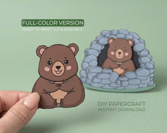 Bear Paper Craft – Cave Printable, Bedtime Activity for Kids, Cut and Glue Craft