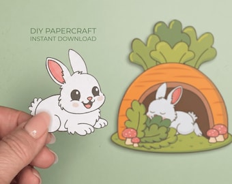 Bunny Paper Craft – Carrot House Printable, Easter Activity for Kids, Cut and Glue Craft
