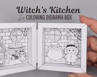 Witch’s Kitchen Coloring Diorama Box – Printable Halloween Paper Craft, Miniature Witch Room, 3D Coloring Activity for Kids