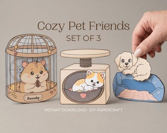 Printable Pet Paper Craft Bundle | 3 Cute Animal DIY Crafts for Kids | Cut and Glue Activity | Screen-Free