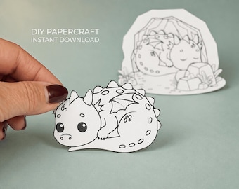 Dragon Coloring Craft Printable | Interactive Papercraft | Dragon Cave Paper Toy | Color Cut & Glue Activity for Kids | DIY Printable PDF