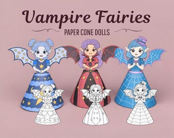 Vampire Fairy Paper Dolls Printable, Halloween Paper Cone Craft, 3 Designs with Full Color & Coloring Versions