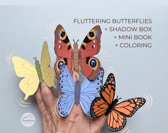 Printable Butterfly Craft for Kids | Butterfly Finger Puppets, Shadow Box, Mini Book & Coloring Pages | Spring Papercraft PDF