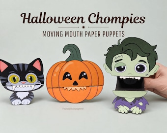 Halloween Paper Toys Printable, Cat Pumpkin & Monster Chompies, Kids Paper Craft with Coloring Version