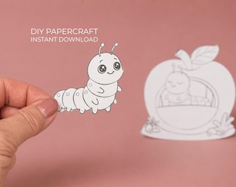 Caterpillar Craft Printable | Coloring Activity for Kids | Apple House Paper Toy | DIY Paper Craft | Instant Download | Coco Caterpillar