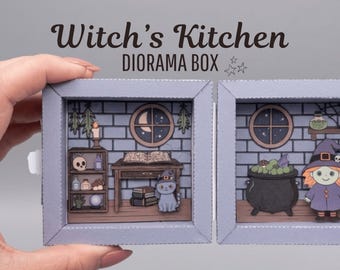 Printable Witch Kitchen Diorama Box – Halloween Paper Craft, Miniature Witch Room, 3D Paper Toy, Magical Small World