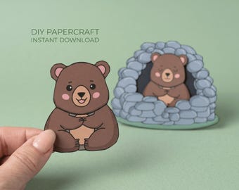 Bear Paper Craft – Cave Printable, Bedtime Activity for Kids, Cut and Glue Craft