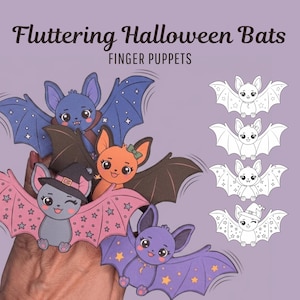 Puede incluir: Una colección de marionetas de dedo de murciélago coloridas con varias expresiones y accesorios, incluyendo un sombrero de bruja y lazos. El texto Fluttering Halloween Bats FINGER PUPPETS aparece arriba, junto a cuatro versiones en arte lineal blanco y negro.