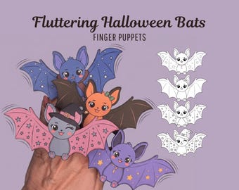 Halloween Bat Finger Puppets Printable, Moving Wings Paper Craft for Kids, Coloring & Full Color, DIY Halloween Activity