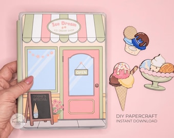 Printable Ice Cream Shop Quiet Book, Pretend Play Papercraft PDF for Kids