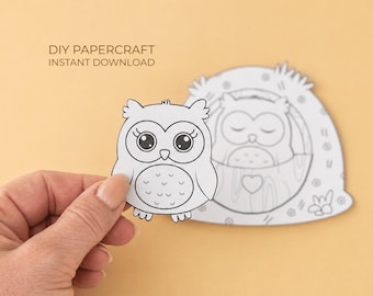 Owl Coloring Craft – Tree Hollow Printable, Bedtime Coloring Activity for Kids, Cut and Glue Craft