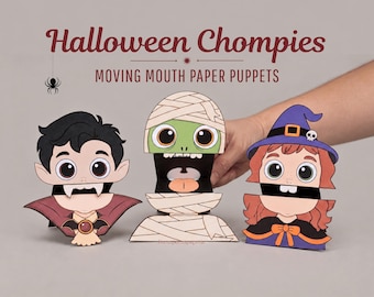 Halloween Paper Puppets for Kids, 3 Moving Mouth Chompies, Printable Halloween Craft, Vampire Witch Mummy, Cut and Glue Activity