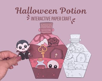 Printable Vampire Potion Bottle Craft for Kids, Cute Coffin Halloween Papercraft, Colored & Coloring Activity PDF