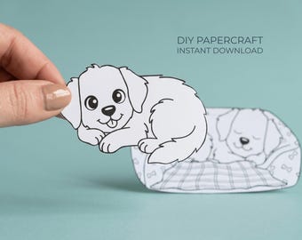 Puppy Coloring Craft – Dog Bed Printable, Cut and Glue Activity for Kids, Quiet Time Printable